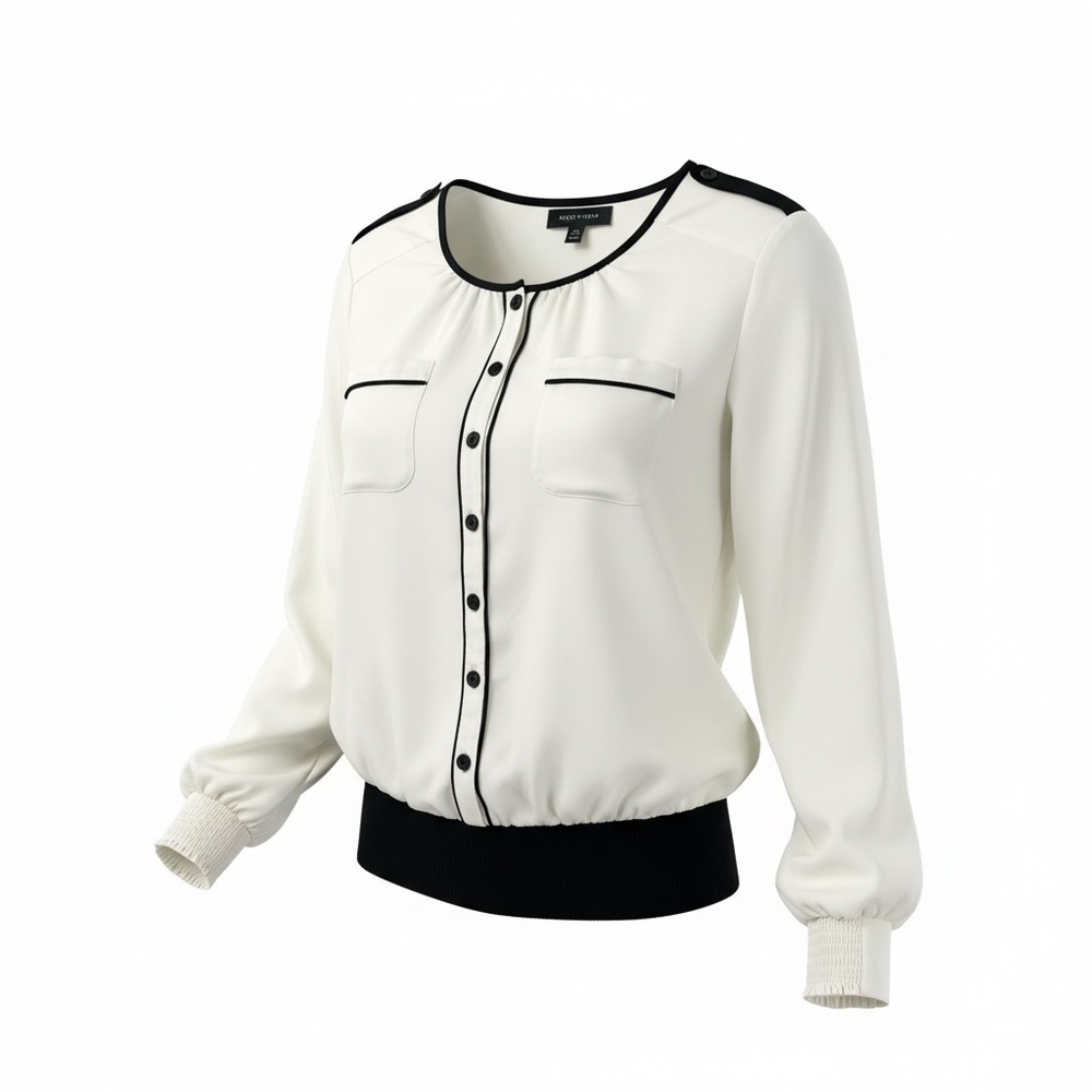 Girls Ivory Blouse Black Trim Long Sleeve Button Front Elegant Top